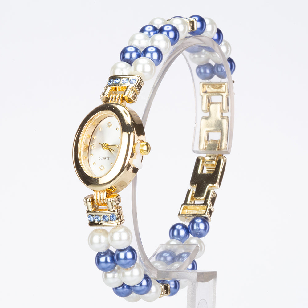 Conjunto de Aleación Bañado en Oro con Perla Blanca y Cristal Emporia® Azul ( Collar +Pendientes +Pulsera ) 7 