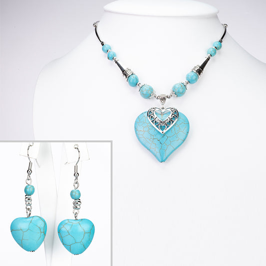 Conjunto de Aleación Bañado en Oro con Turquesa ( Collar +Pendientes )