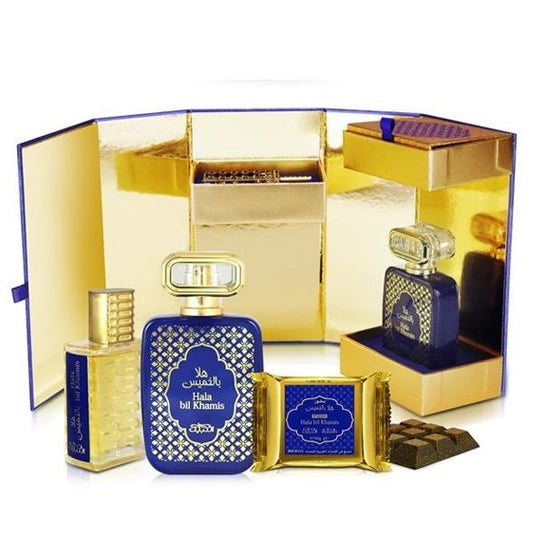 50 ml Eau De Perfume + 20 ml Aceite De Perfume + 40 g Bakhoor SET DE REGALO Hala Bil Khamis Amaderada-Especiada-Floral Fragancia para Mujeres y Hombres