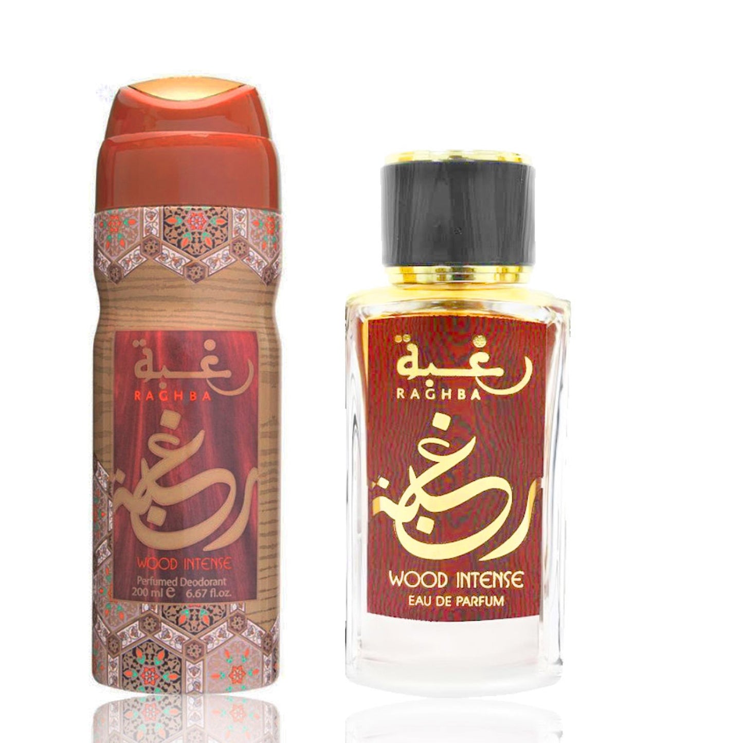 100 ml Eau de Perfume Raghba Wood Intense + 200 ml Deo Gift Set Intense Dulce Fragancia Oriental para Hombres