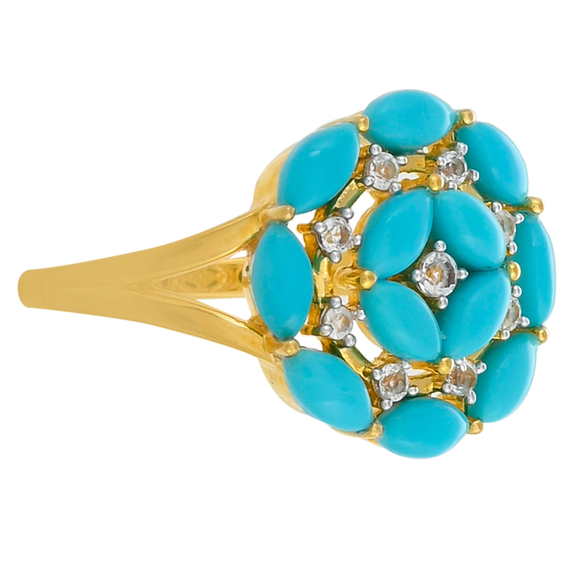 Anillo de Plata Bañada en Oro con Turquesa Bella Durmiente y Topacio Blanco 2 