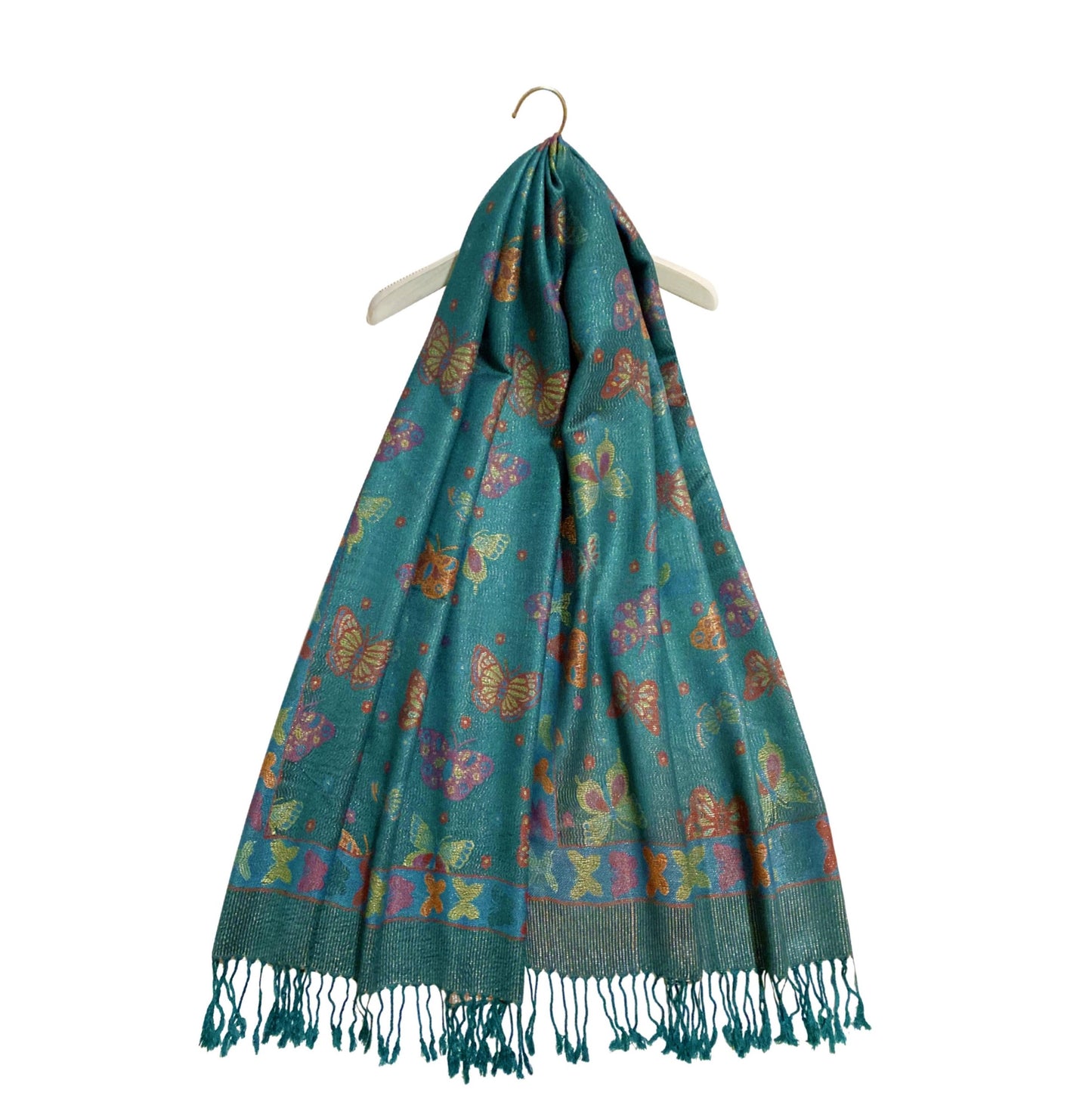 Bufanda de cachemira 100% Pashmina auténtica, 70 cm x 170 cm, verde azulado brillante con estampado de mariposas