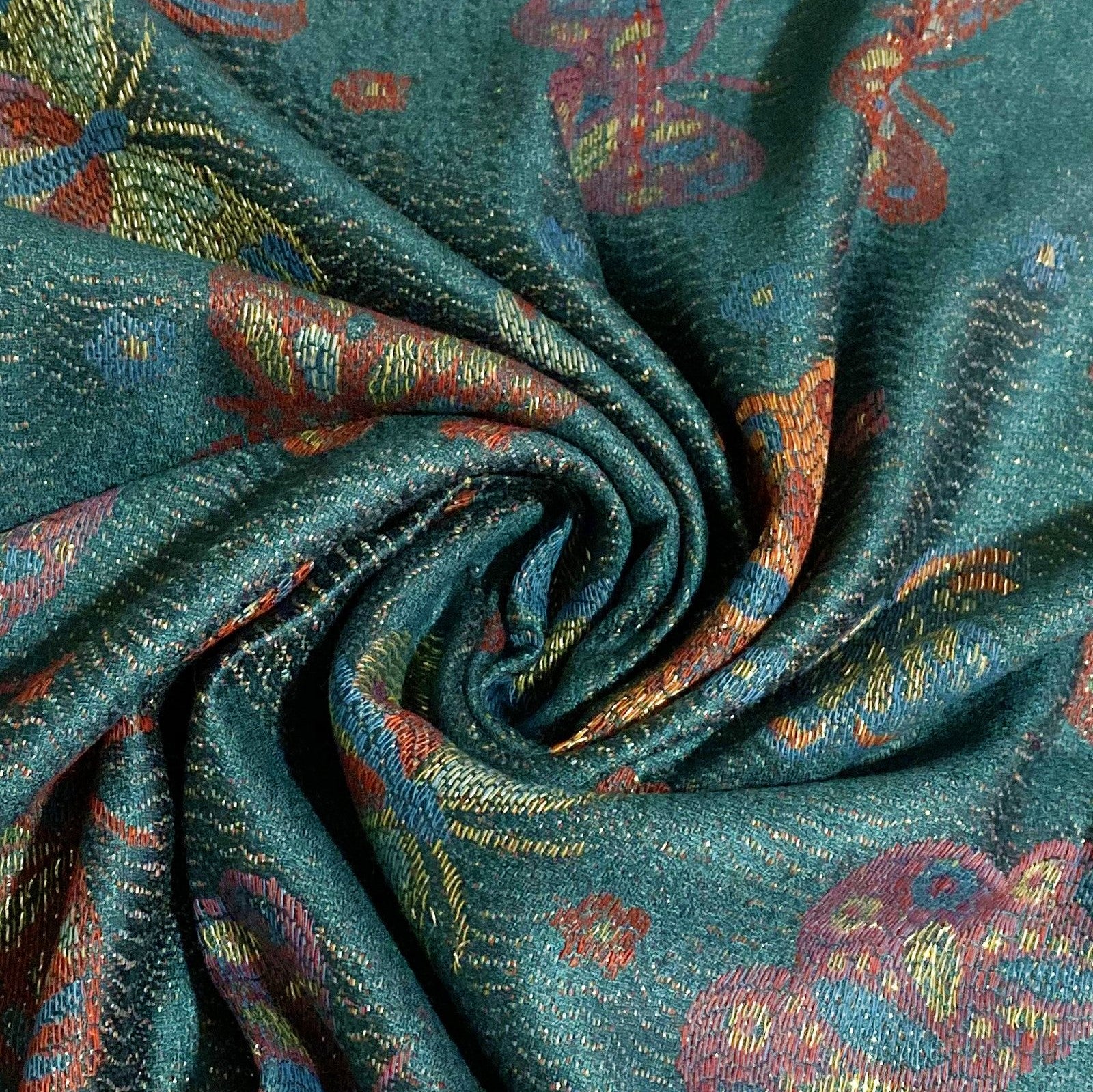 Bufanda de cachemira 100% Pashmina auténtica, 70 cm x 170 cm, verde azulado brillante con estampado de mariposas 3 