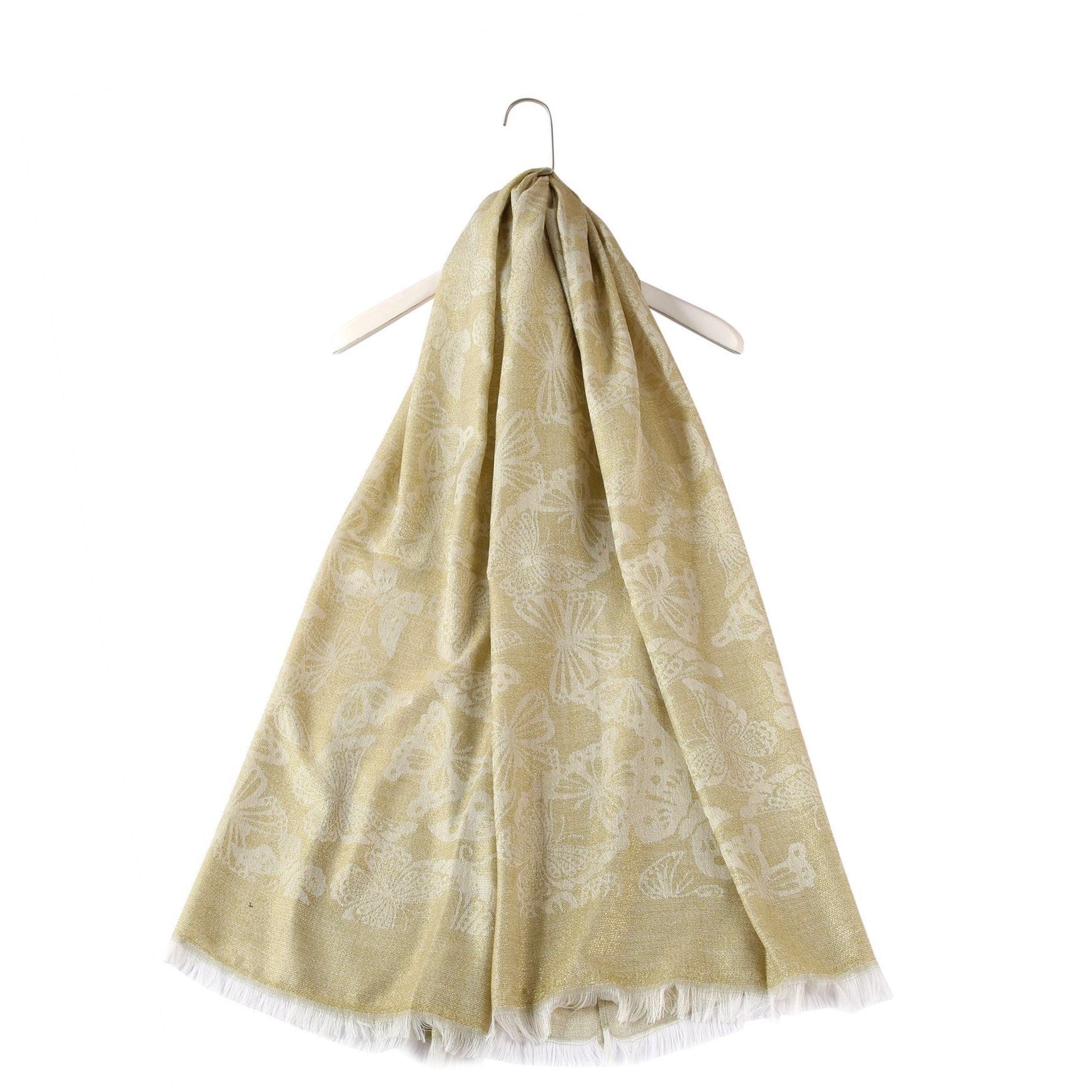 Pañuelo dorado brillante con estampado de mariposas, 70 cm x 180 cm 4 