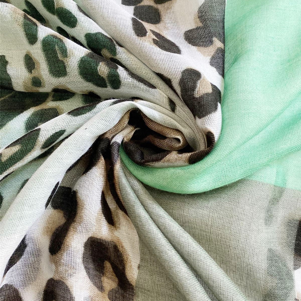 Bufanda verde con estampado de leopardo, 80 cm x 180 cm 3 