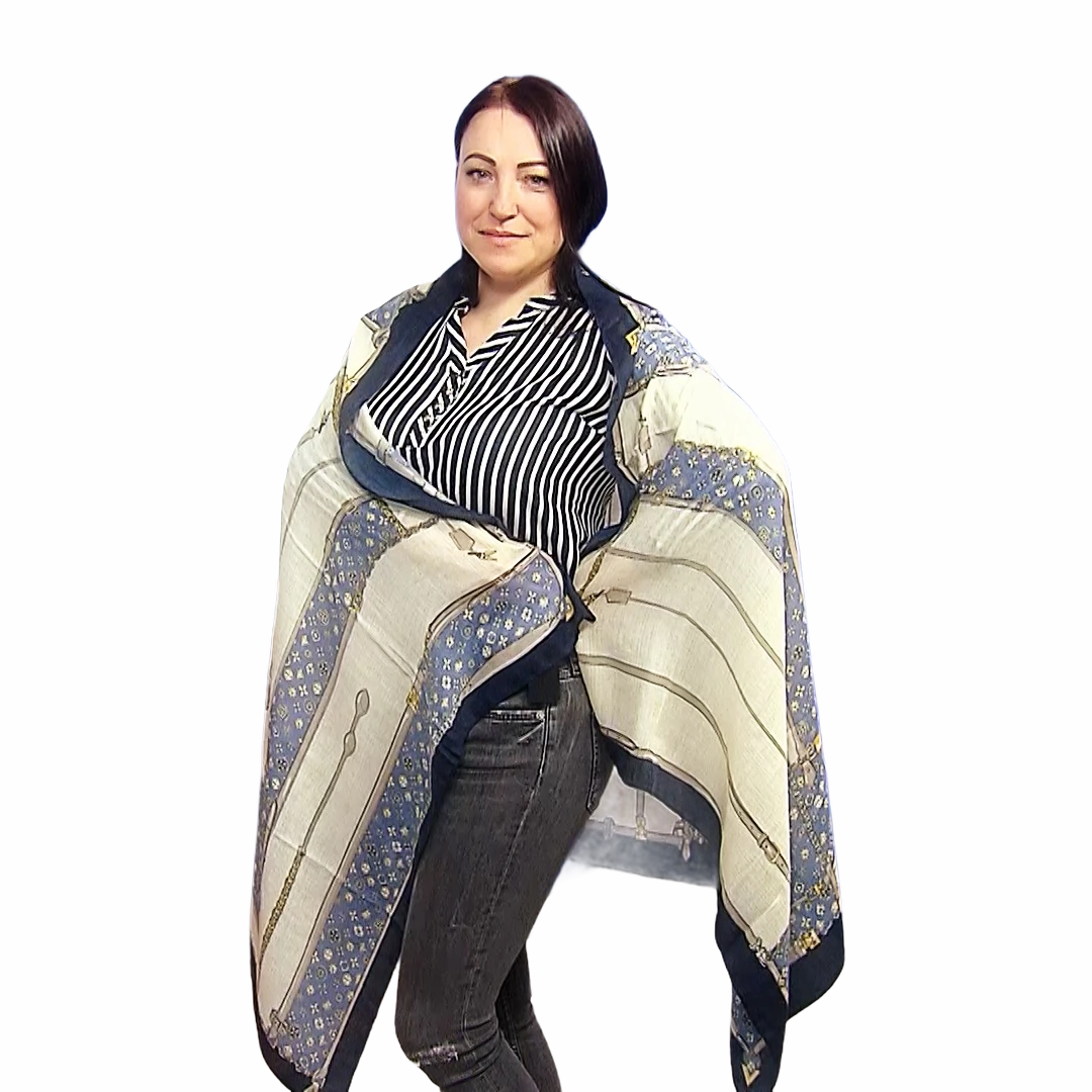 Bufanda-chal de algodón, 85 cm x 180 cm, estampado de hebilla de cinturón de moda, azul