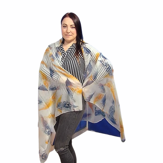 Bufanda-Chal azul pálido con estampado de plumas flotantes, 90 cm x 180 cm