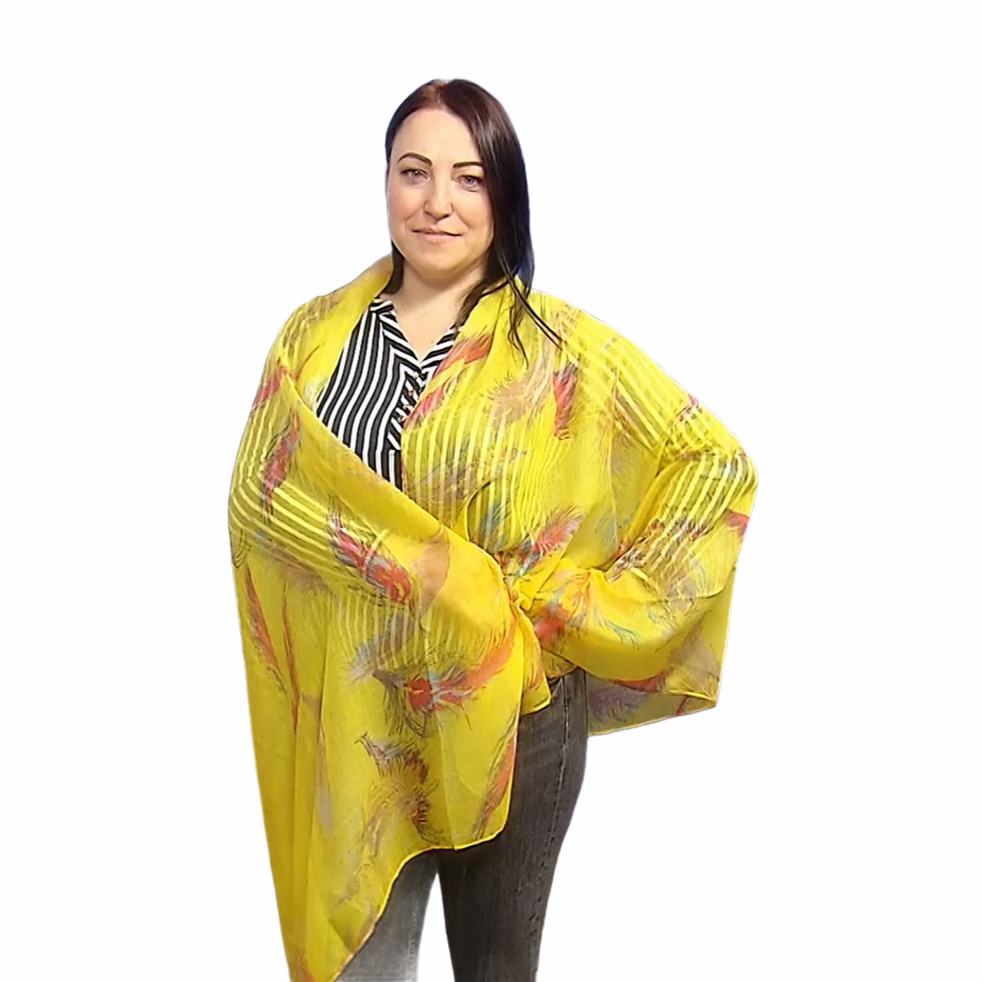 Bufanda-chal amarillo con estampado de plumas flotantes, 90 cm x 180 cm