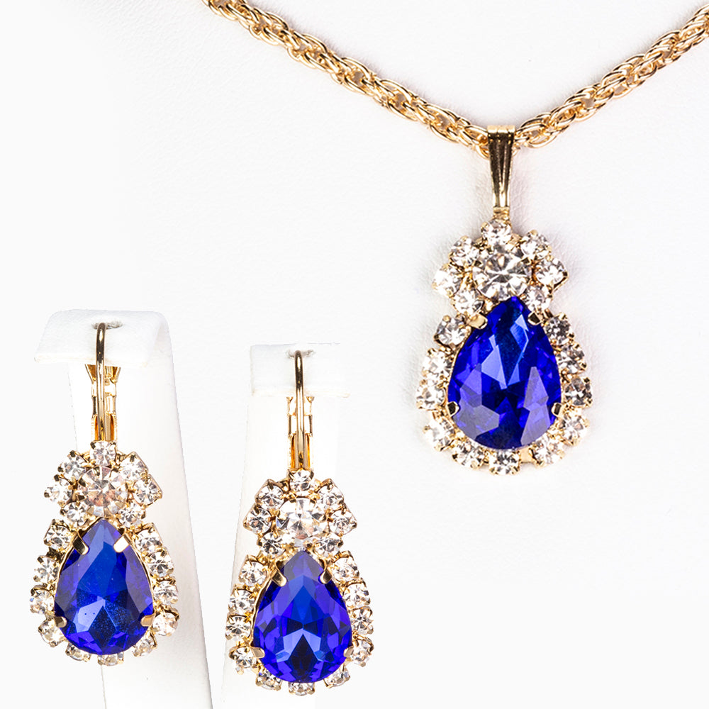Conjunto de Aleación Bañado en Oro con Cristal Emporia® Azul ( Collar +Pendientes +Colgante ) 2 