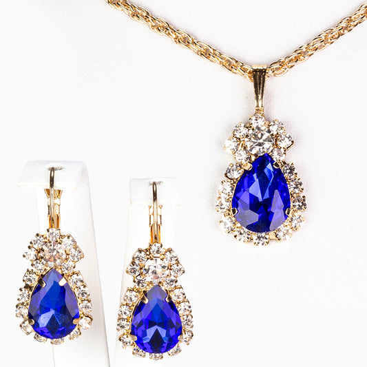 Conjunto de Aleación Bañado en Oro con Cristal Emporia® Azul ( Collar +Pendientes +Colgante )