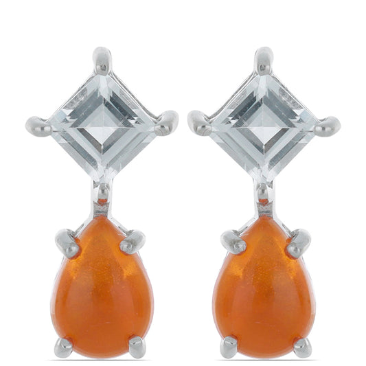 Pendientes de Plata con Ópalo Naranja de Lega Dembi y Topacio Blanco