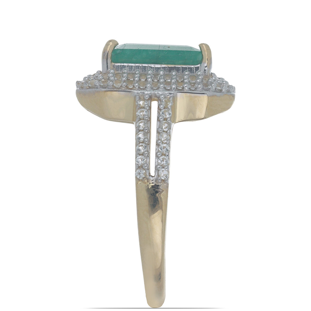 Anillo de Plata Bañada en Oro con Esmeralda de Brasil y Topacio Blanco 3 