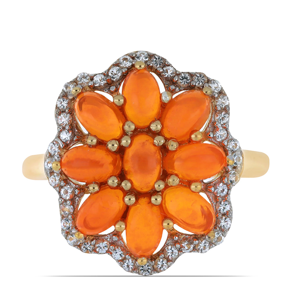 Anillo de Plata Bañada en Oro con Ópalo Naranja de Lega Dembi y Topacio Blanco 1 