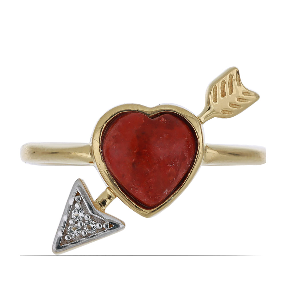 Anillo de Plata Bañada en Oro con Coral de Esponja Roja y Topacio Blanco 1 