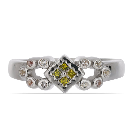 Anillo de Plata con Diamante Amarillo y Zircón Blanco