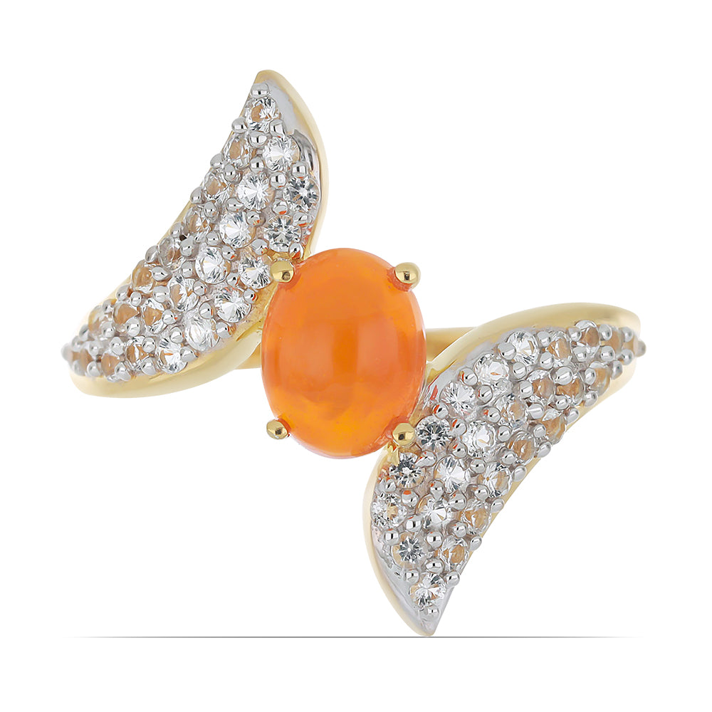 Anillo de Plata Bañada en Oro con Ópalo Naranja de Lega Dembi y Topacio Blanco 1 