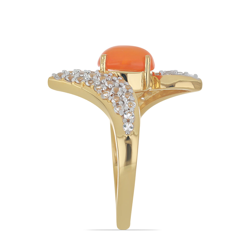 Anillo de Plata Bañada en Oro con Ópalo Naranja de Lega Dembi y Topacio Blanco 4 