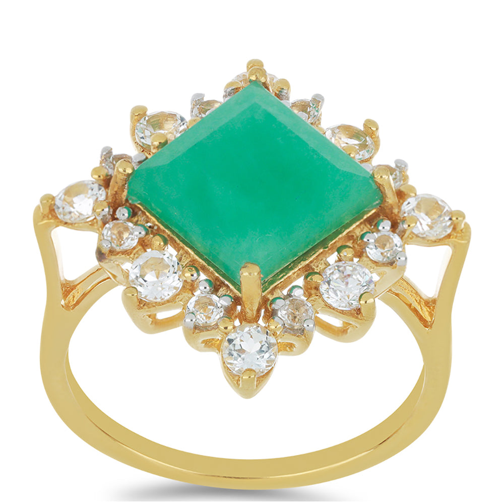 Anillo de Plata Bañada en Oro con Esmeralda de Brasil y Topacio Blanco 3 