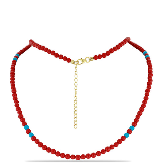 Collar de Plata Bañada en Oro con Coral de Esponja Roja y Turquesa Bella Durmiente