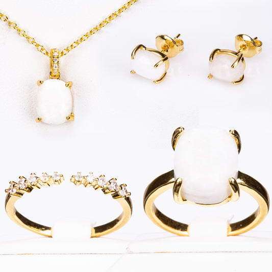 Conjunto de Aleación Bañado en Oro con Cristal Emporia® Blanco (Collar +Pendientes +Anillo +Colgante )