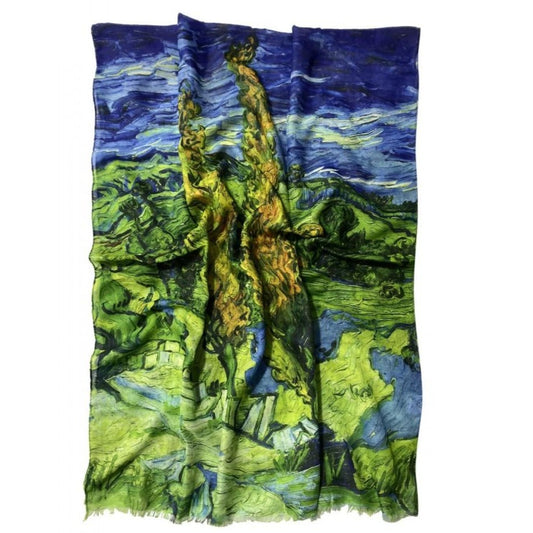Bufanda-Mantón de algodón, 70 cm x 180 cm, Van Gogh - Dos álamos