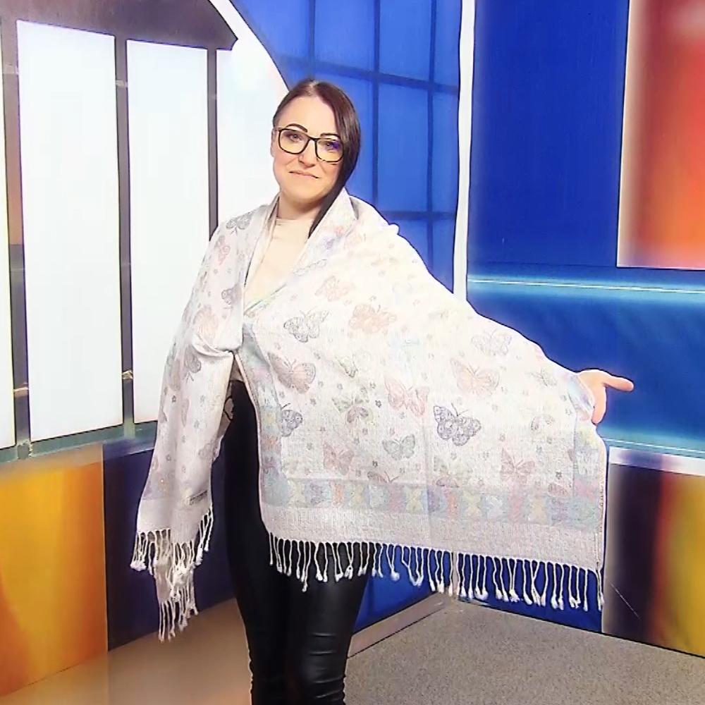 Bufanda de cachemira 100% pashmina auténtica, 70 cm x 170 cm, estampado de mariposas en blanco brillante